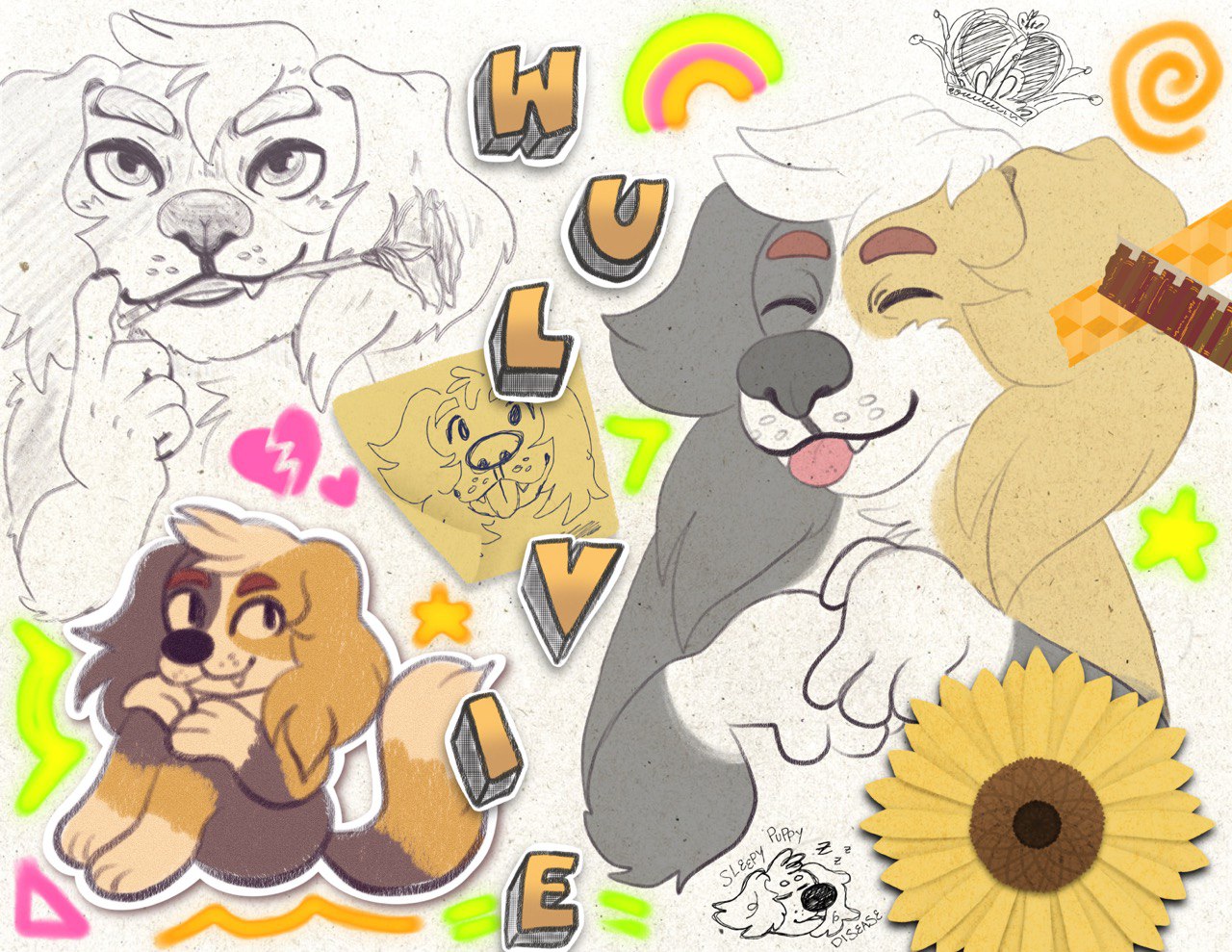 A digital collage of several drawings of Wulvie arranged to look like doodles in a sketchbook.