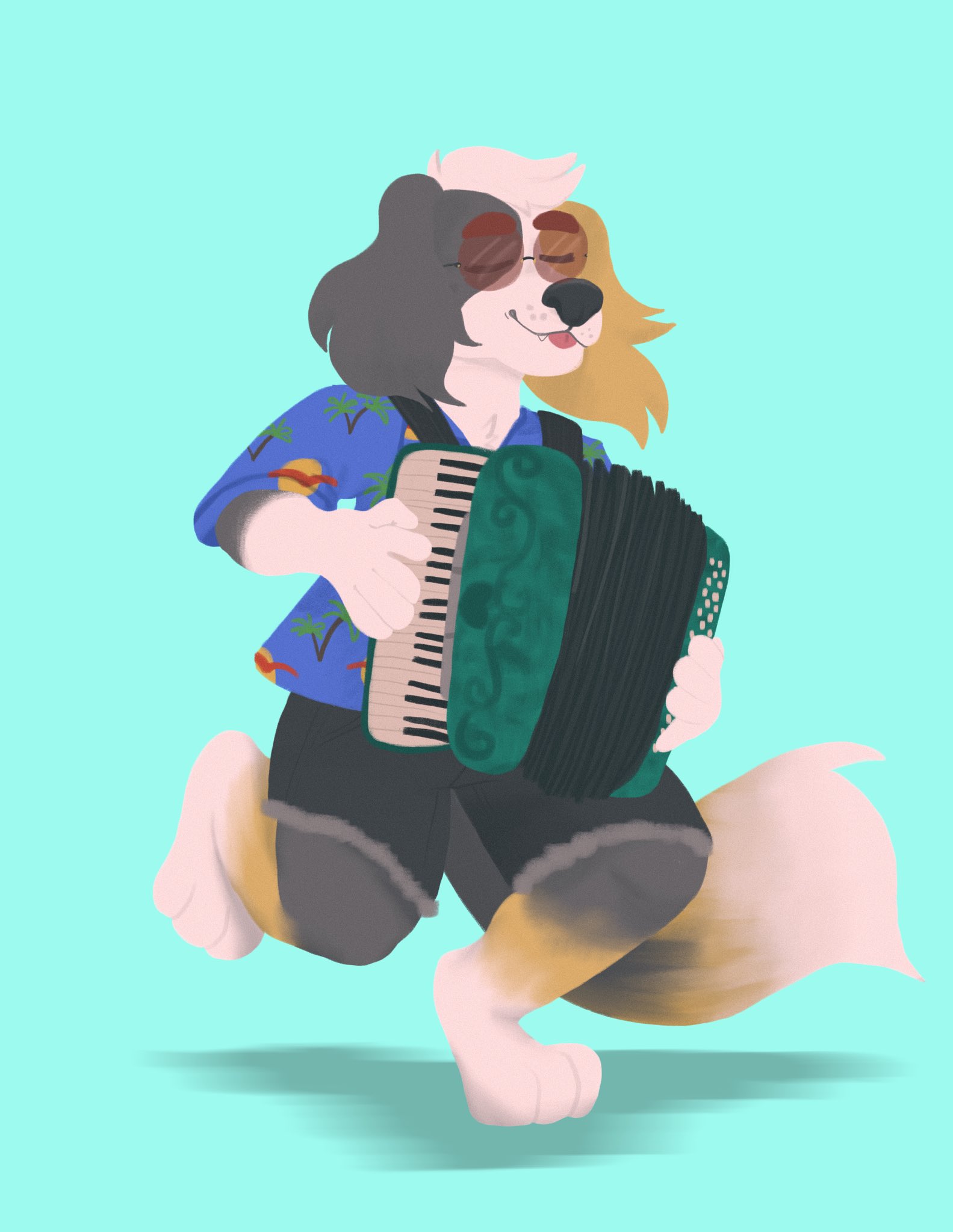 Fullbody drawing of Wulvie playing the accordion.