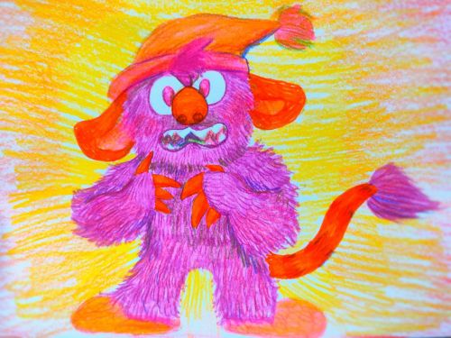 Marker and pencil sketch of a pink goblin-like character in an orange hat.