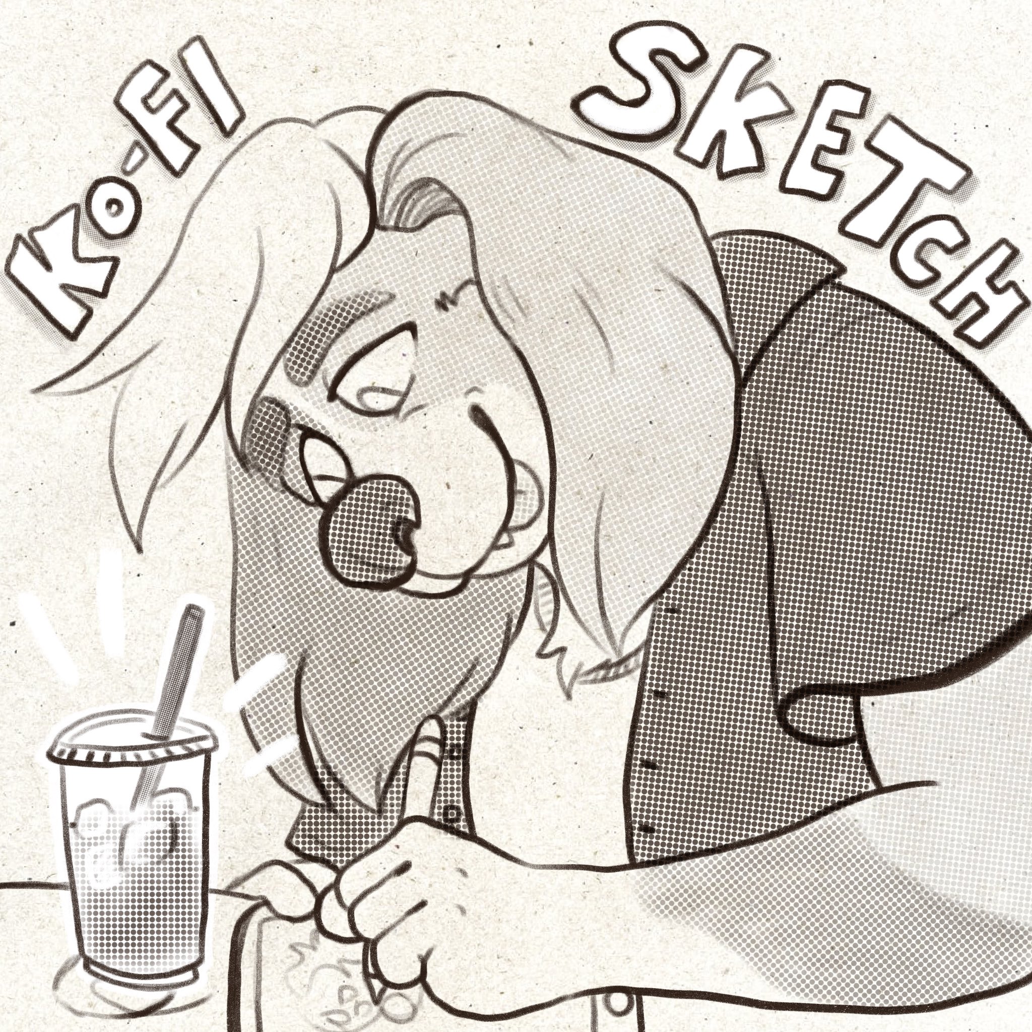 Toned digital sketch of Wulvie drawing next to an iced coffee. Text reads 'Kofi Sketches'.