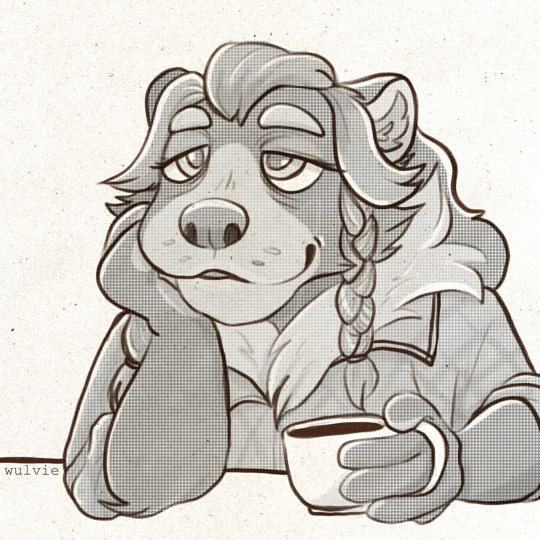 Digital toned sketch drawing of a maternal-looking bear relaxing with a cup of coffee.